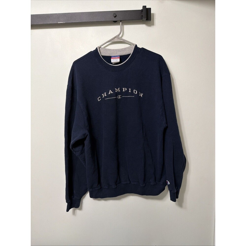 VTG Champion Sweatshirt Mens Size L Navy Spellout Fleece  Distressed 90s